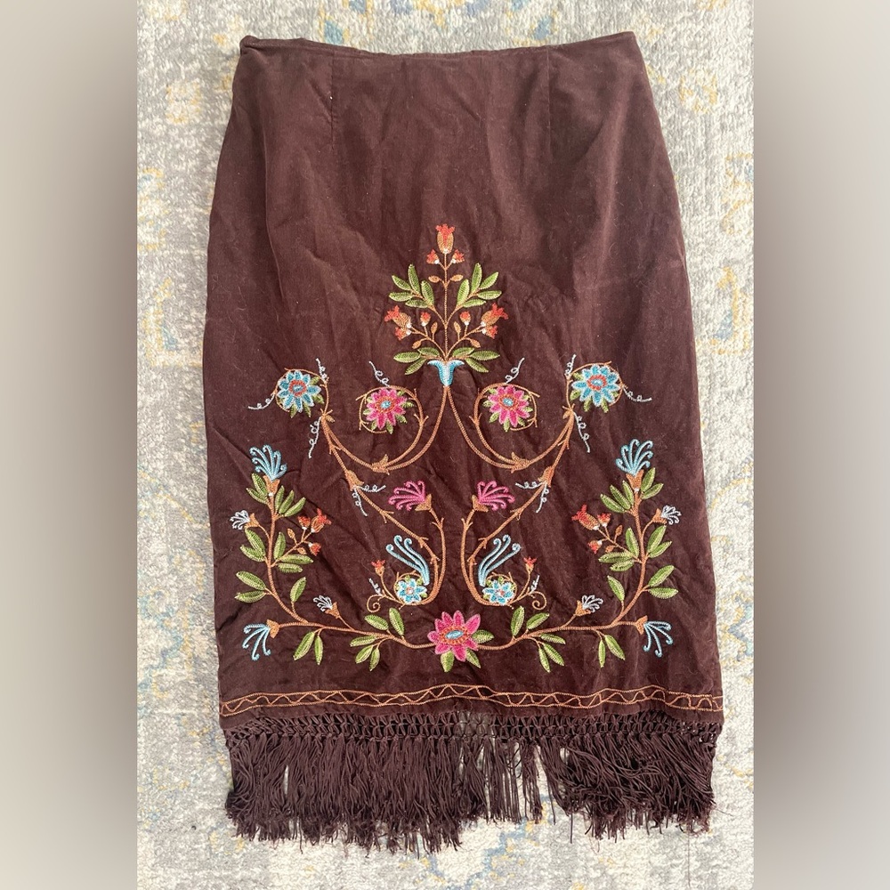 Long Brown Floral Embroidered Cotton Skirt Size 10